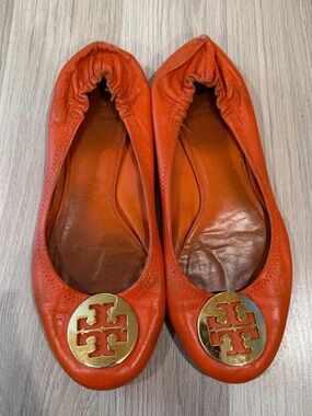 Tory Burch Bright Orange Leather Logo Ballet Flats